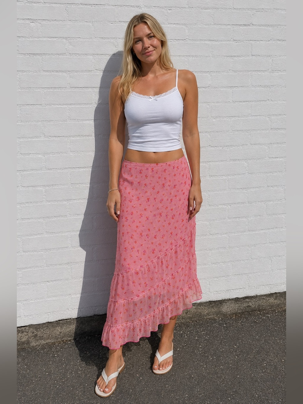 Vintage Y2K Pink Floral Low Rise Ruffle Midi Skirt Fairycore Size Medium prairie